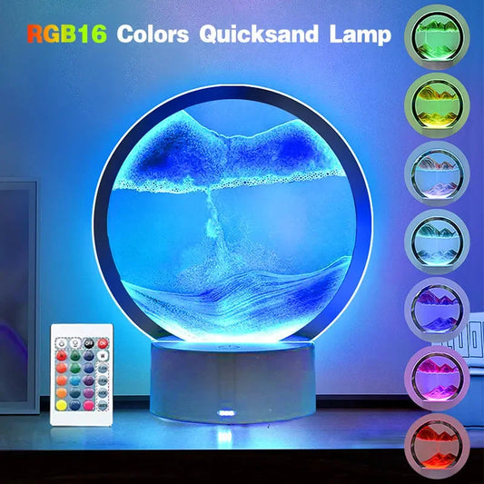 LED RGB Sandscape Lamp 3D Moving Sand Art Frame Night Light with 16 Colors Hourglass